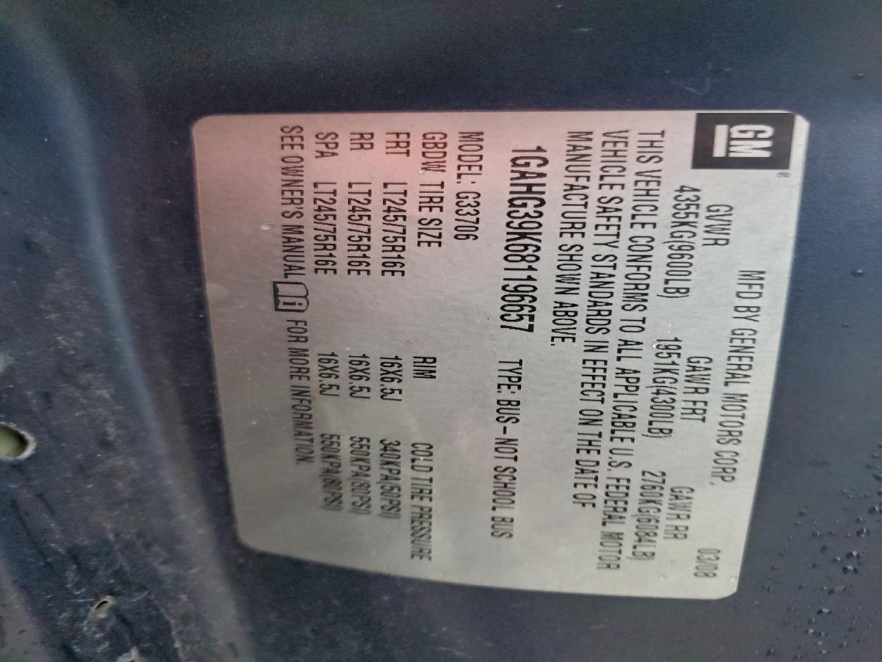 2008 Chevrolet Express G3500 VIN: 1GAHG39K681196657 Lot: 93603635