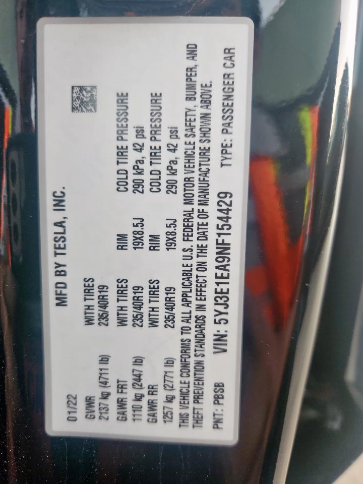2022 Tesla Model 3 VIN: 5YJ3E1EA9NF154429 Lot: 91902715