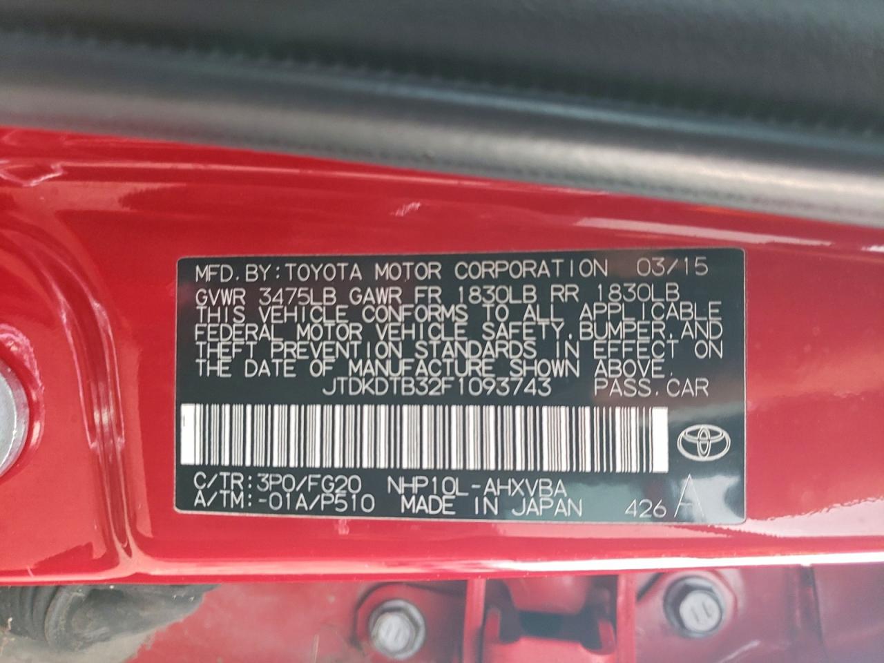 2015 Toyota Prius C VIN: JTDKDTB32F1093743 Lot: 93688125