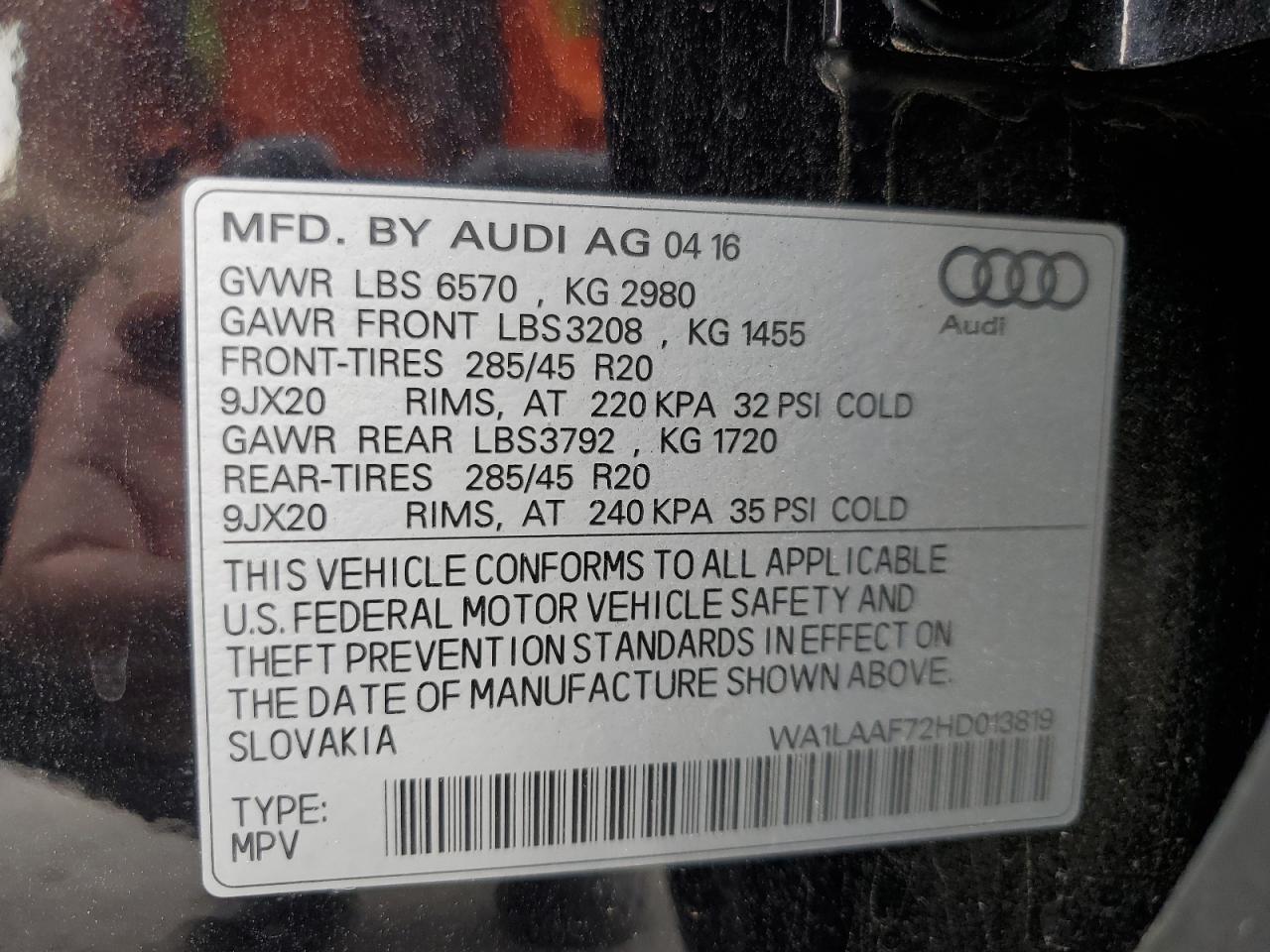 2017 Audi Q7 Premium Plus VIN: WA1LAAF72HD013819 Lot: 93633955