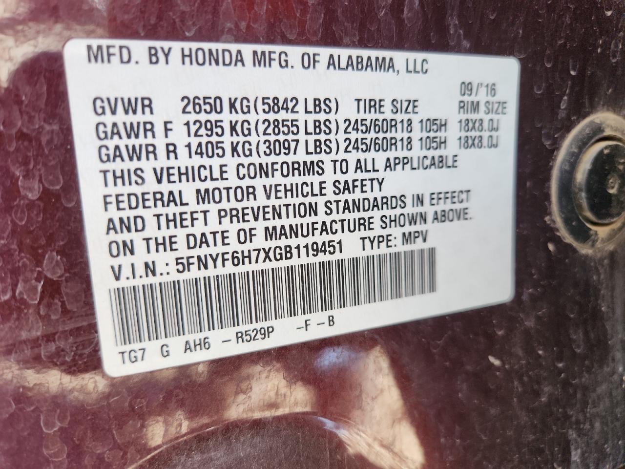 2016 Honda Pilot VIN: 5FNYF6H7XGB119451 Lot: 82570035