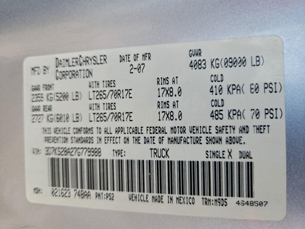 2007 Dodge Ram 2500 St VIN: 3D7KS28A27G779988 Lot: 94315715