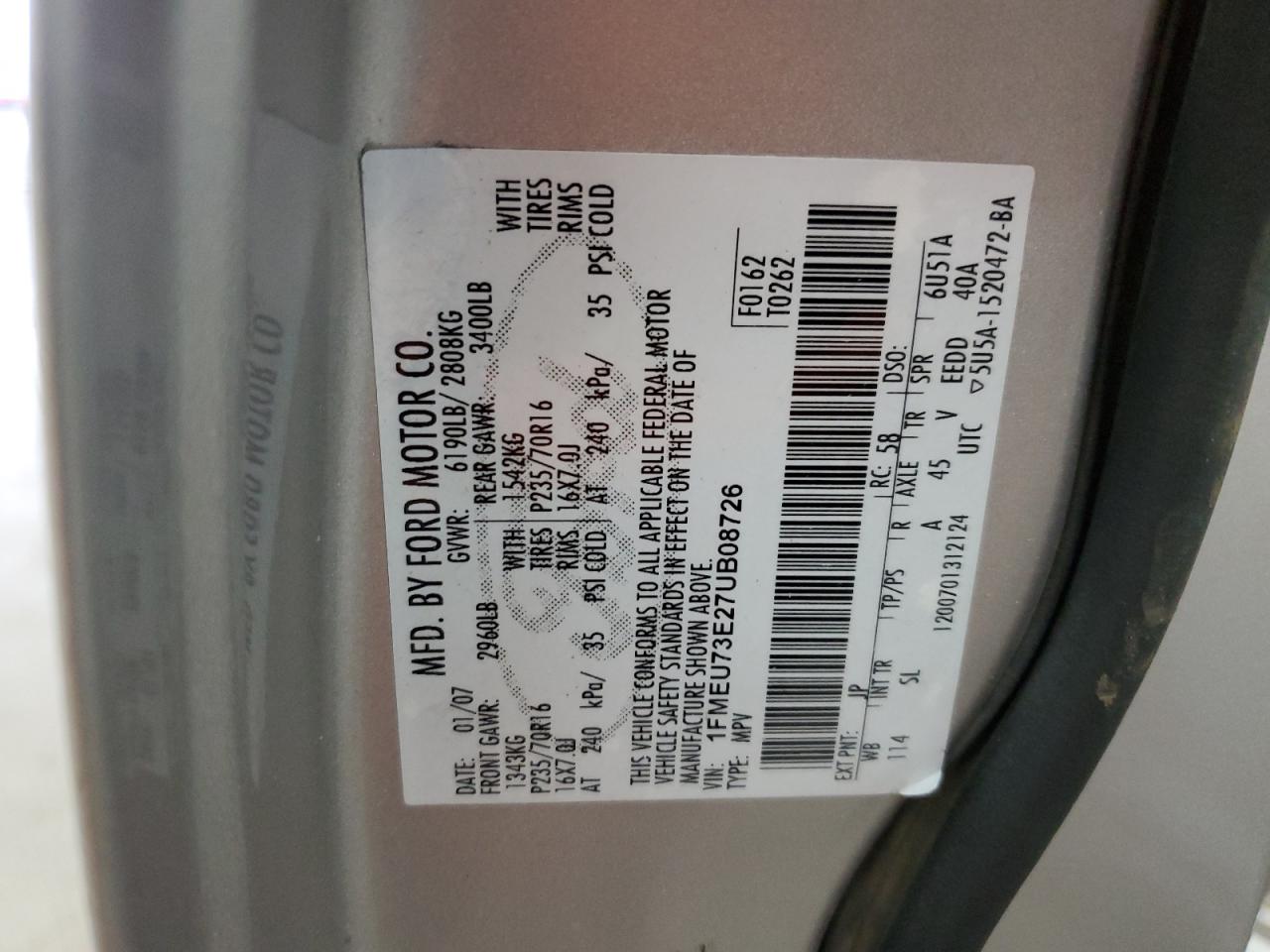 2007 Ford Explorer Xlt VIN: 1FMEU73E27UB08726 Lot: 93126175