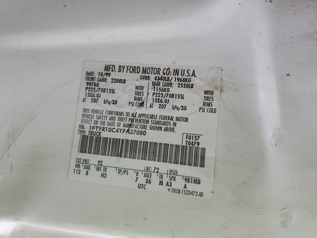 2000 Ford Ranger VIN: 1FTYR10C4YPA37080 Lot: 93215055