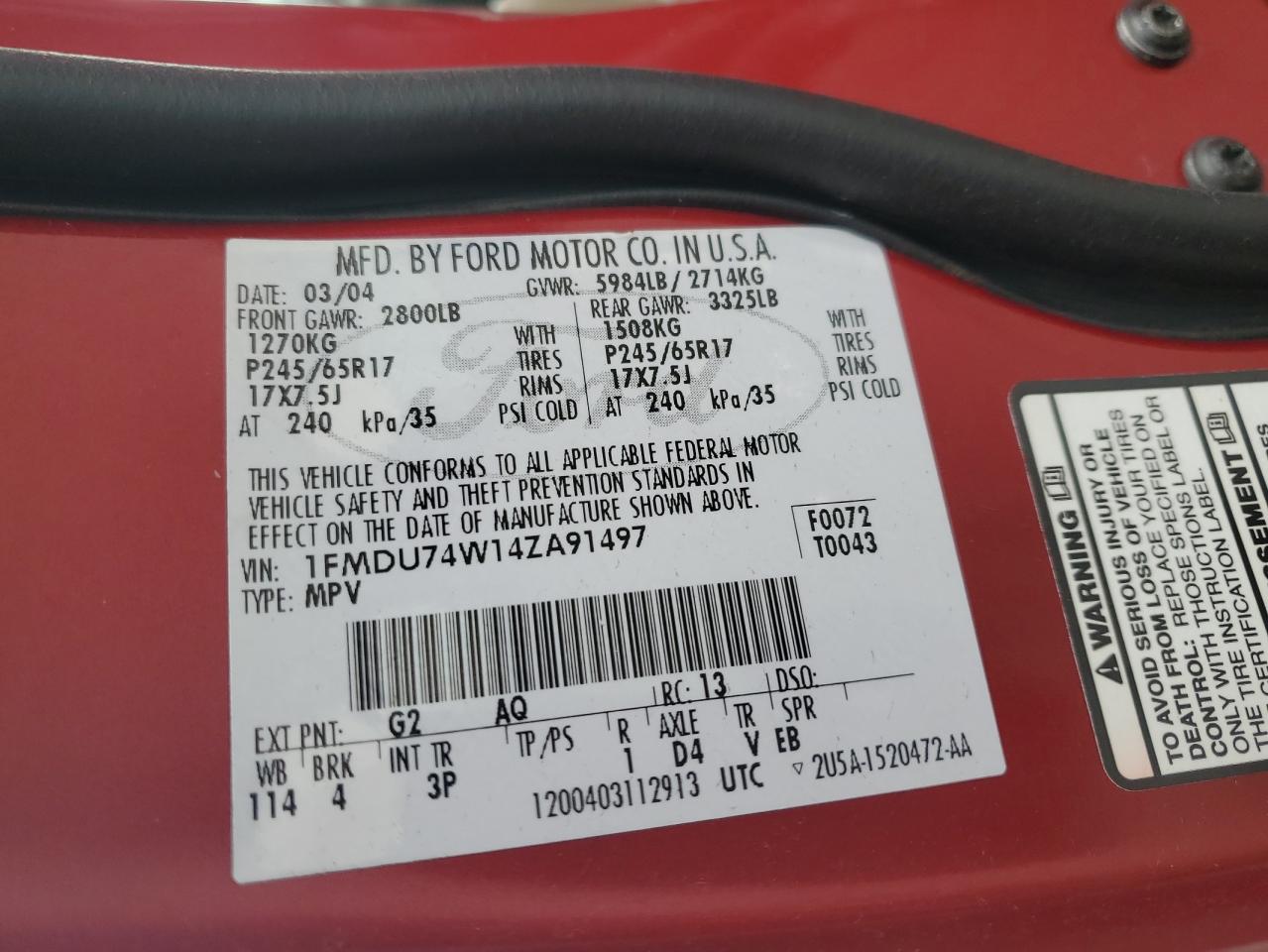 2004 Ford Explorer Eddie Bauer VIN: 1FMDU74W14ZA91497 Lot: 90724915