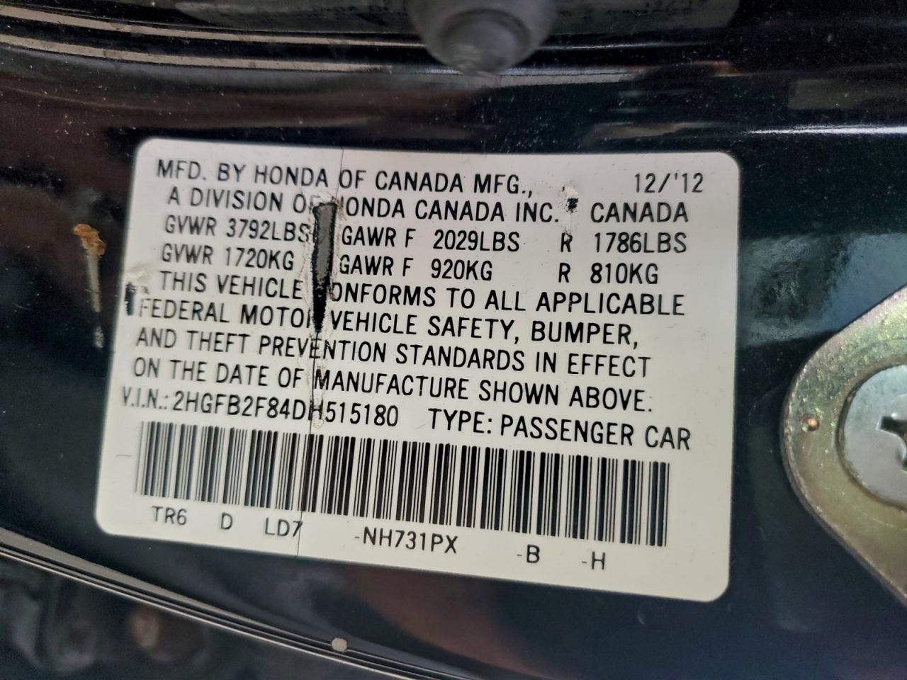 2013 Honda Civic Ex VIN: 2HGFB2F84DH515180 Lot: 93892575