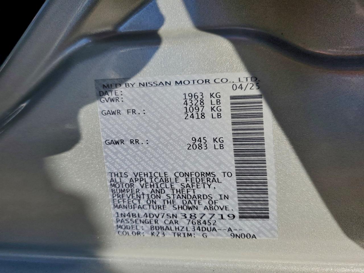 2025 Nissan Altima Sv VIN: 1N4BL4DV7SN387719 Lot: 93904935