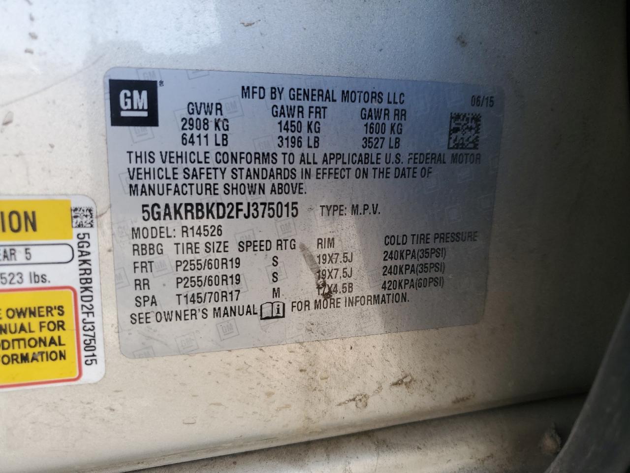 2015 Buick Enclave VIN: 5GAKRBKD2FJ375015 Lot: 91699645