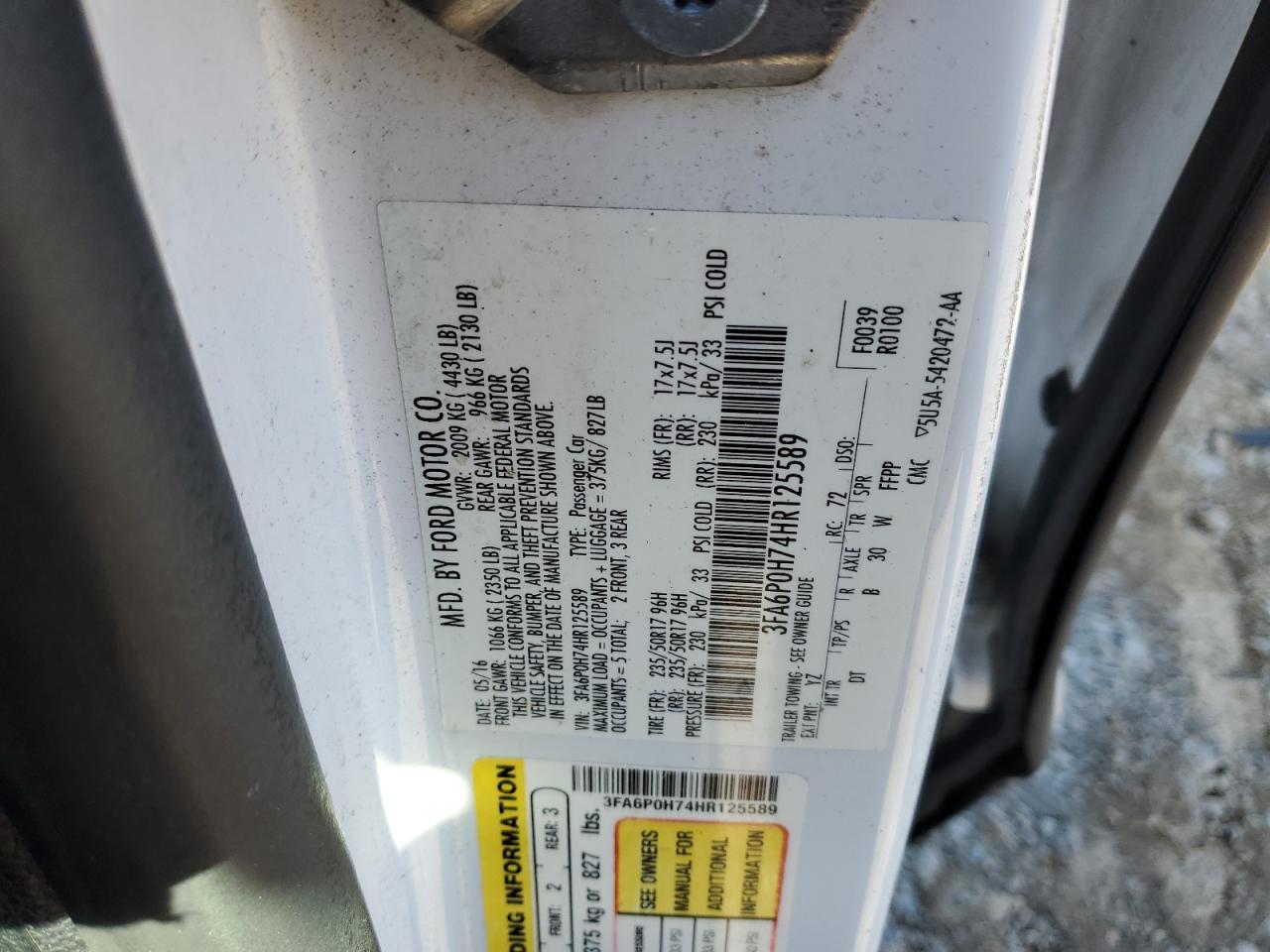 2017 Ford Fusion Se VIN: 3FA6P0H74HR125589 Lot: 92081595