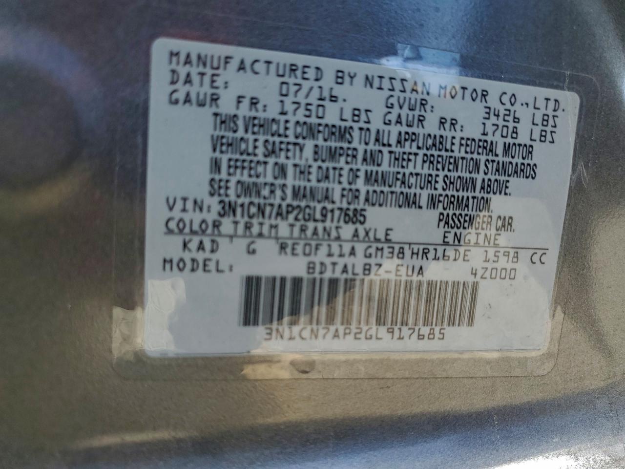 2016 Nissan Versa S VIN: 3N1CN7AP2GL917685 Lot: 94335595