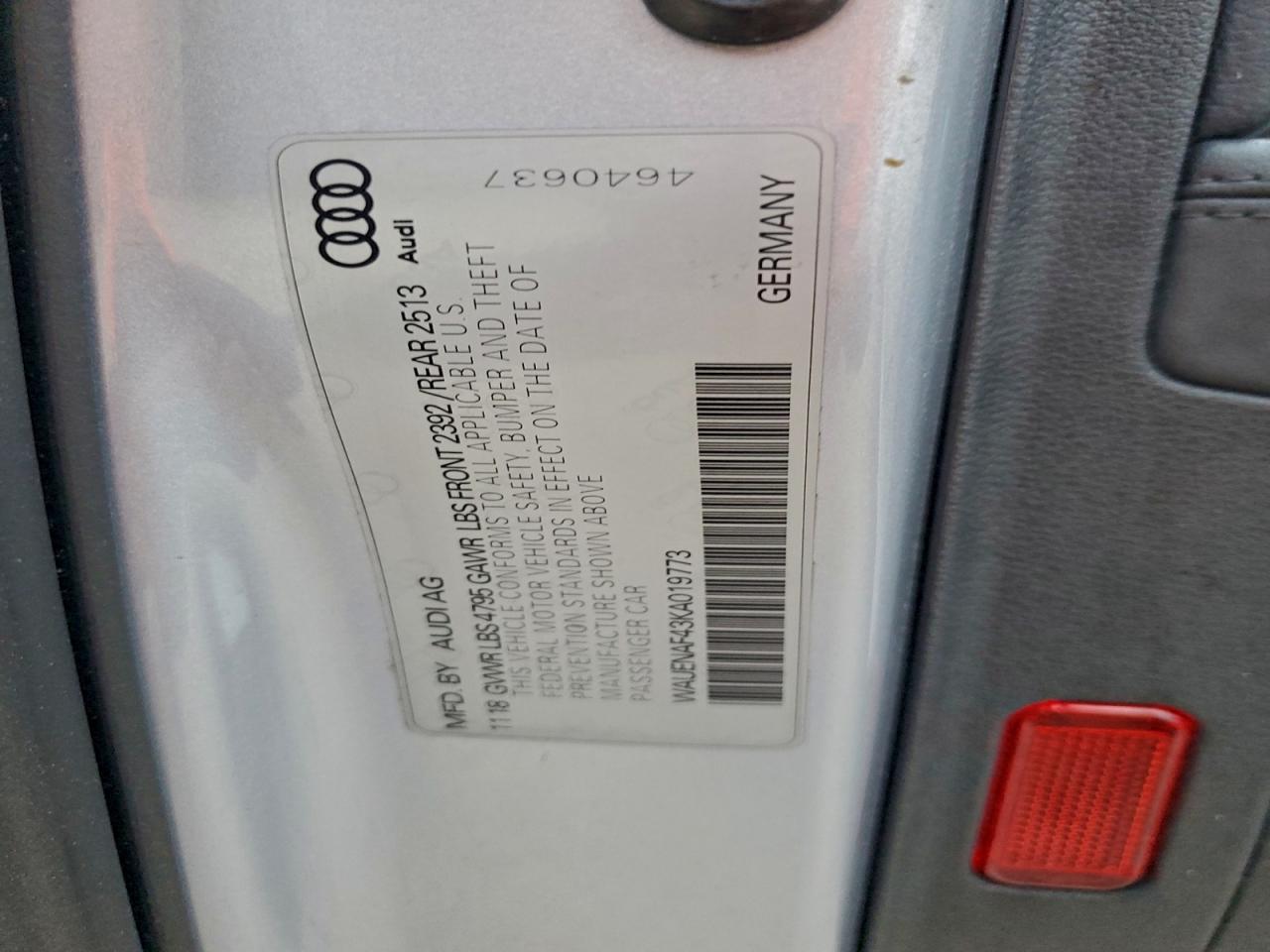 2019 Audi A4 Premium Plus VIN: WAUENAF43KA019773 Lot: 92676745