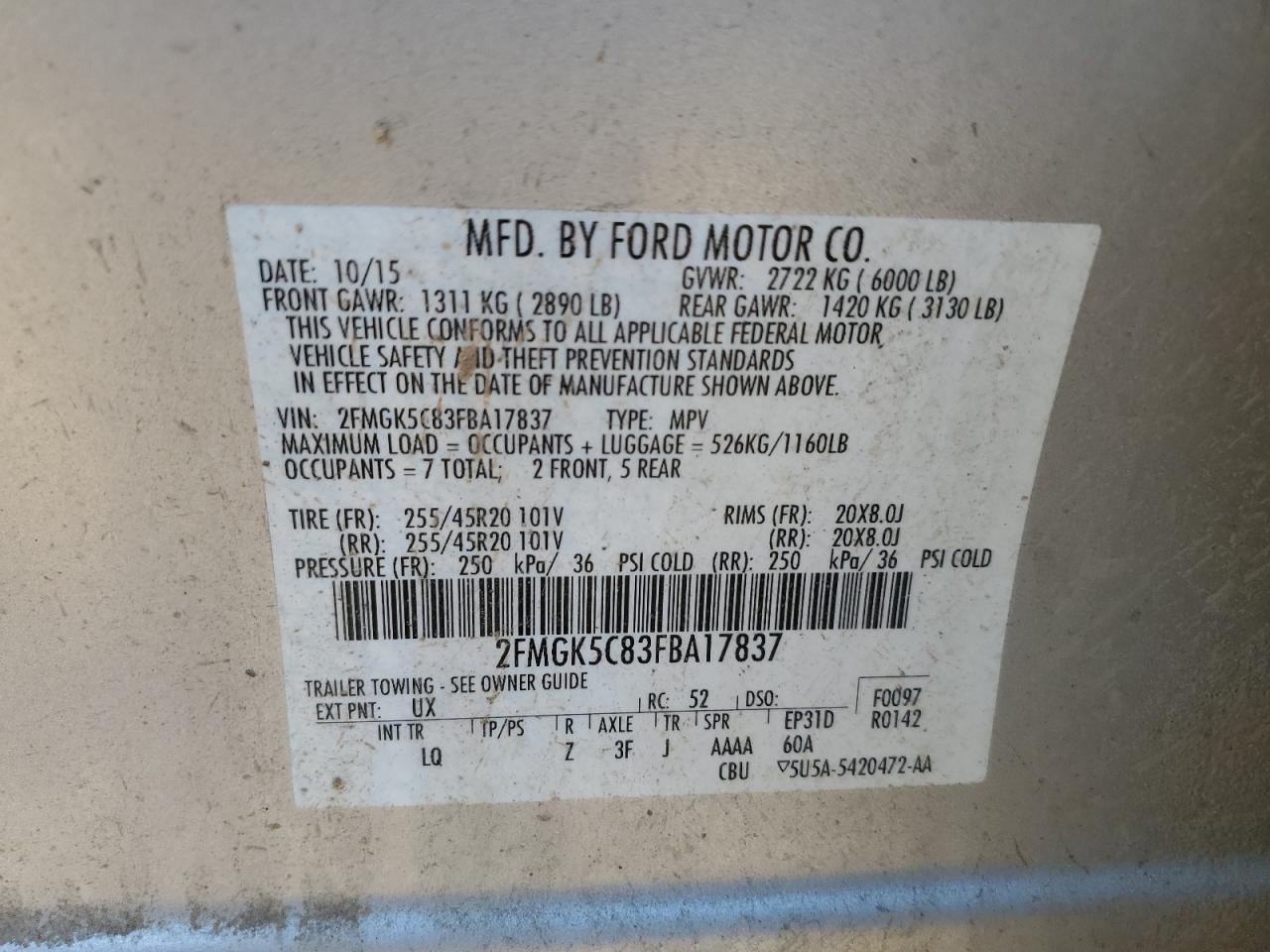 2015 Ford Flex Sel VIN: 2FMGK5C83FBA17837 Lot: 91619475