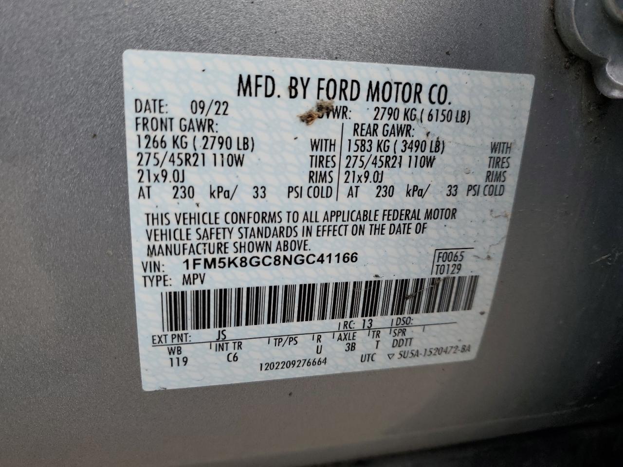 2022 Ford Explorer St VIN: 1FM5K8GC8NGC41166 Lot: 92581145