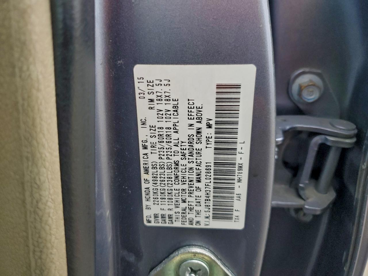 2015 Acura Rdx VIN: 5J8TB4H37FL028691 Lot: 94499475