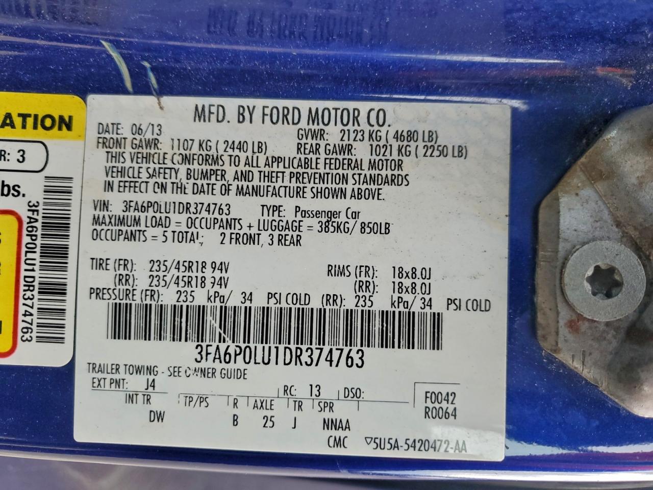 2013 Ford Fusion Se Hybrid VIN: 3FA6P0LU1DR374763 Lot: 93922825