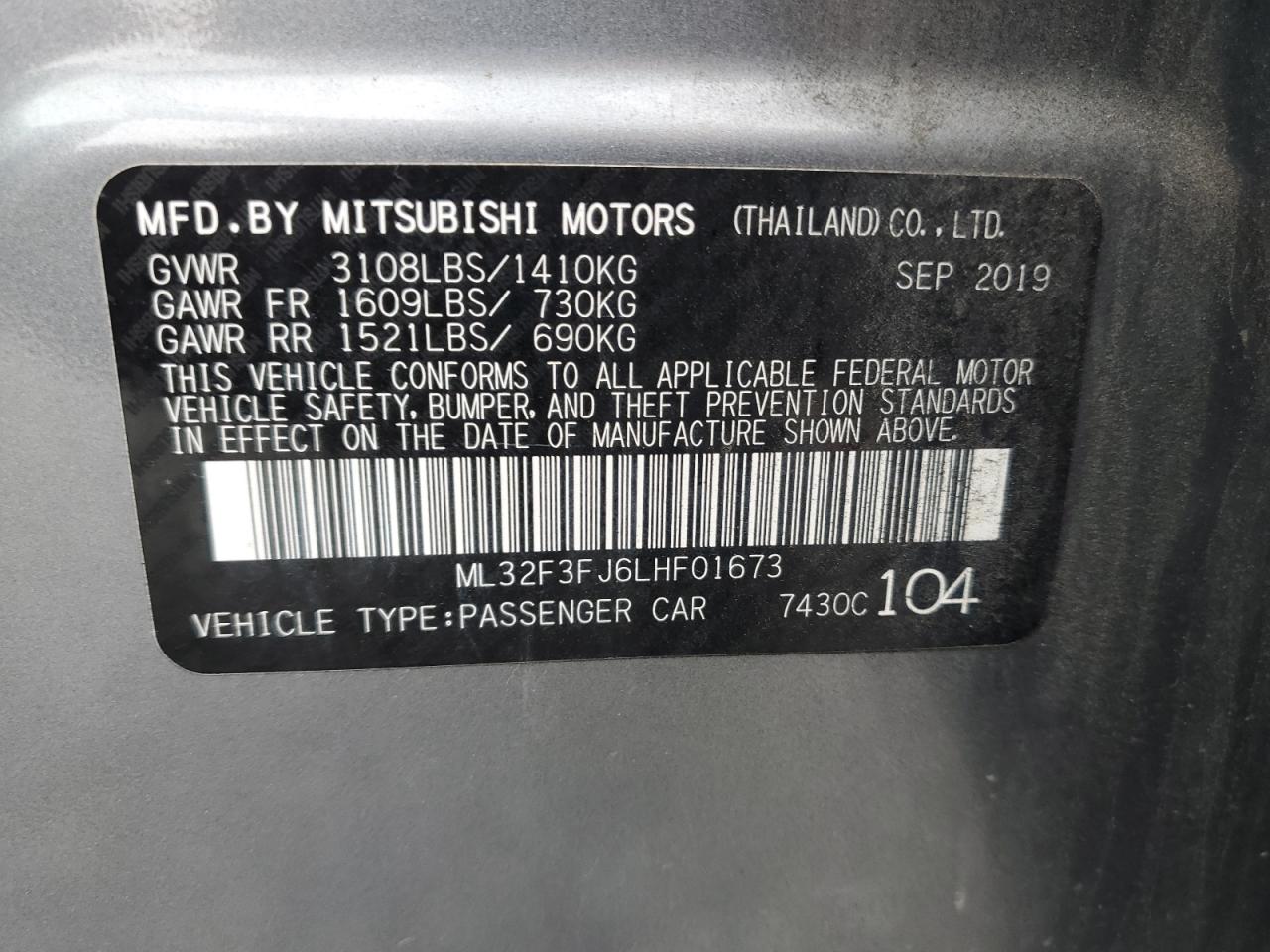 2020 Mitsubishi Mirage G4 Es VIN: ML32F3FJ6LHF01673 Lot: 92625175