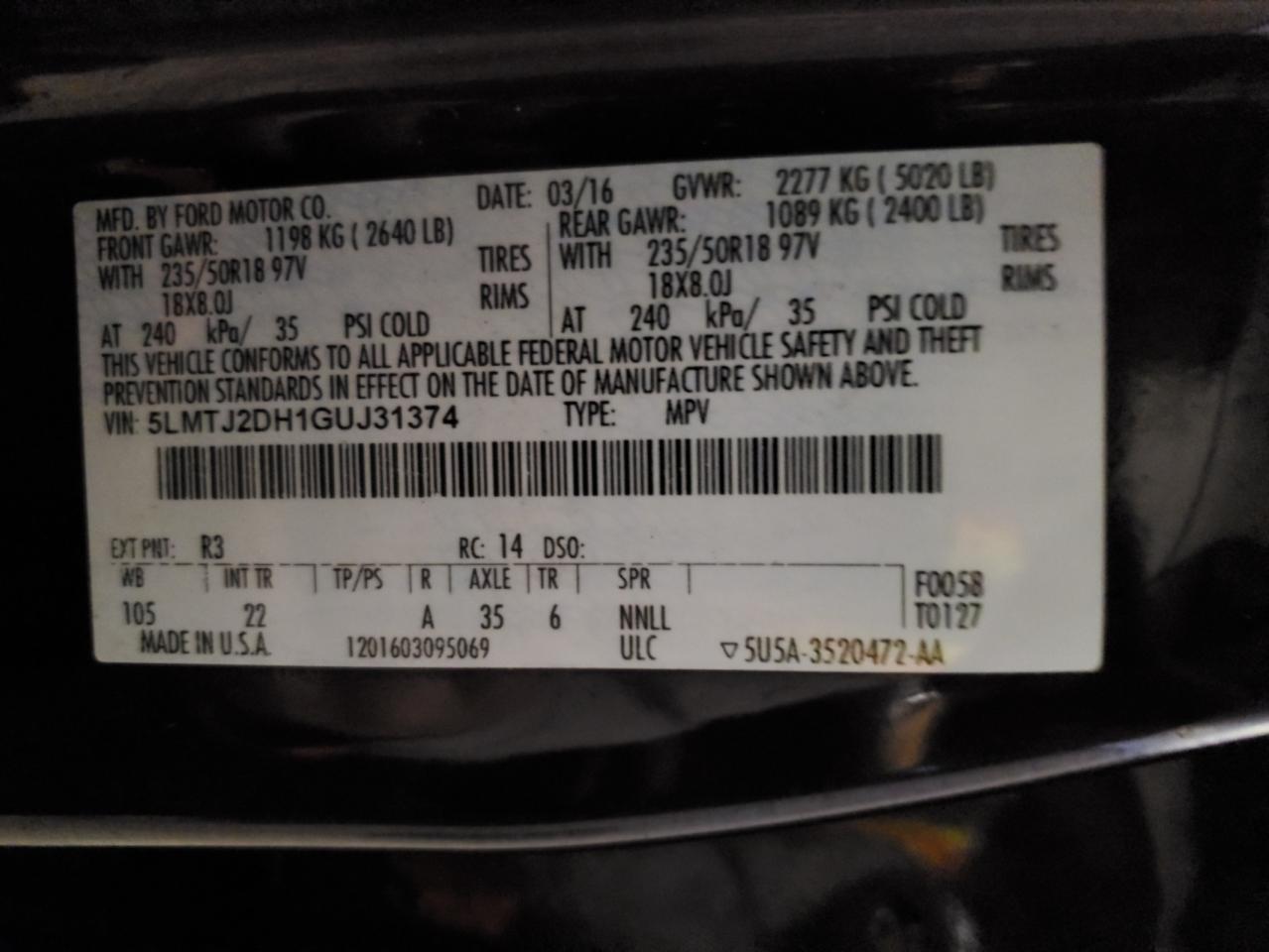 2016 Lincoln Mkc Select VIN: 5LMTJ2DH1GUJ31374 Lot: 92885695