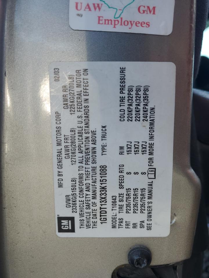 2003 GMC Sonoma VIN: 1GTDT13X33K151088 Lot: 91500385