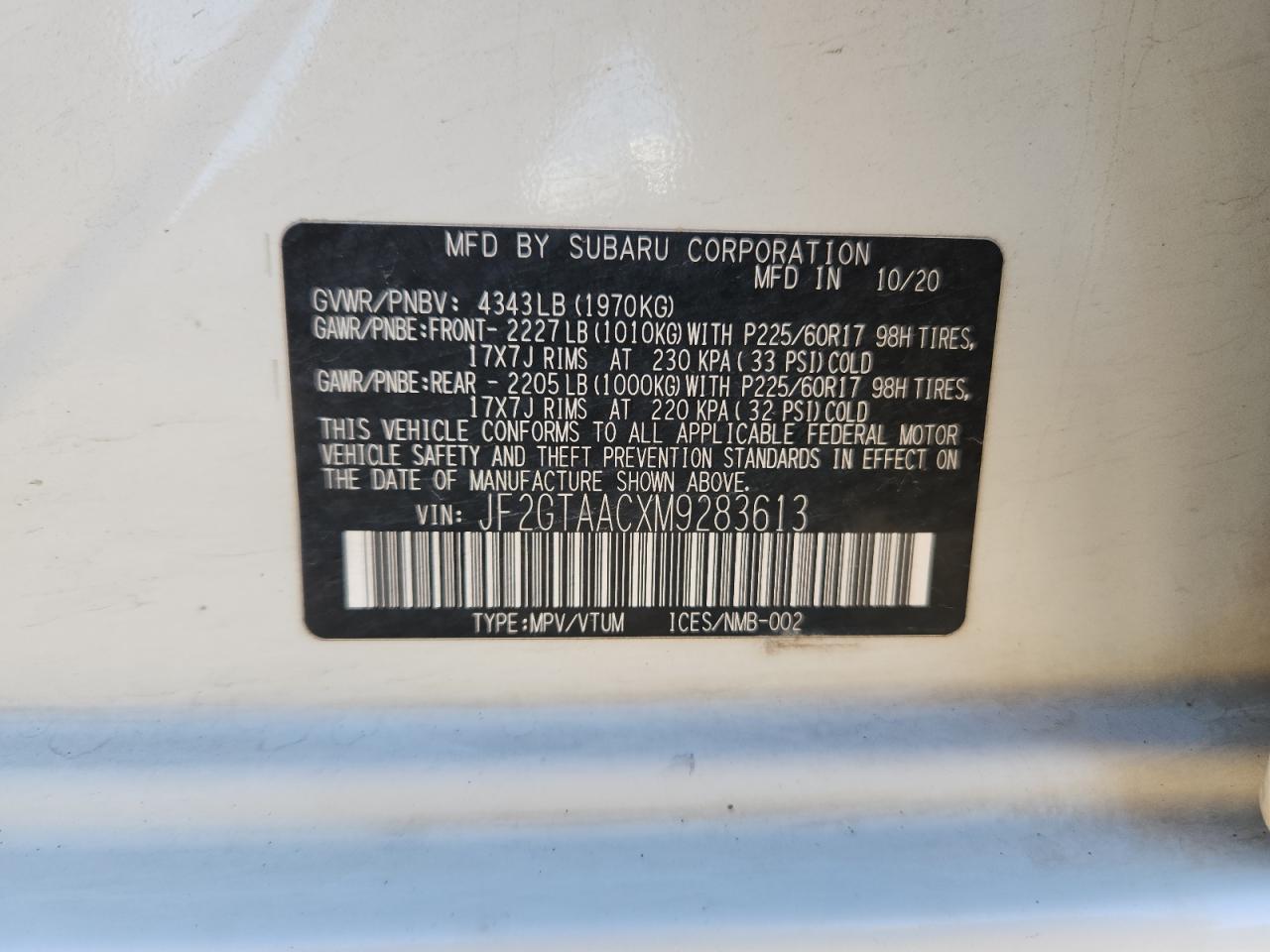 2021 Subaru Crosstrek VIN: JF2GTAACXM9283613 Lot: 92812575