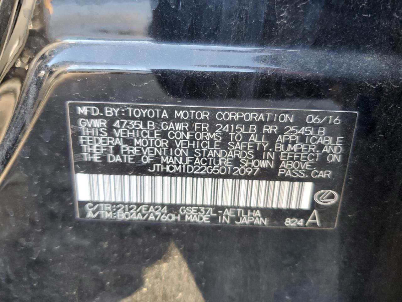 2016 Lexus Is 300 VIN: JTHCM1D22G5012097 Lot: 92239575