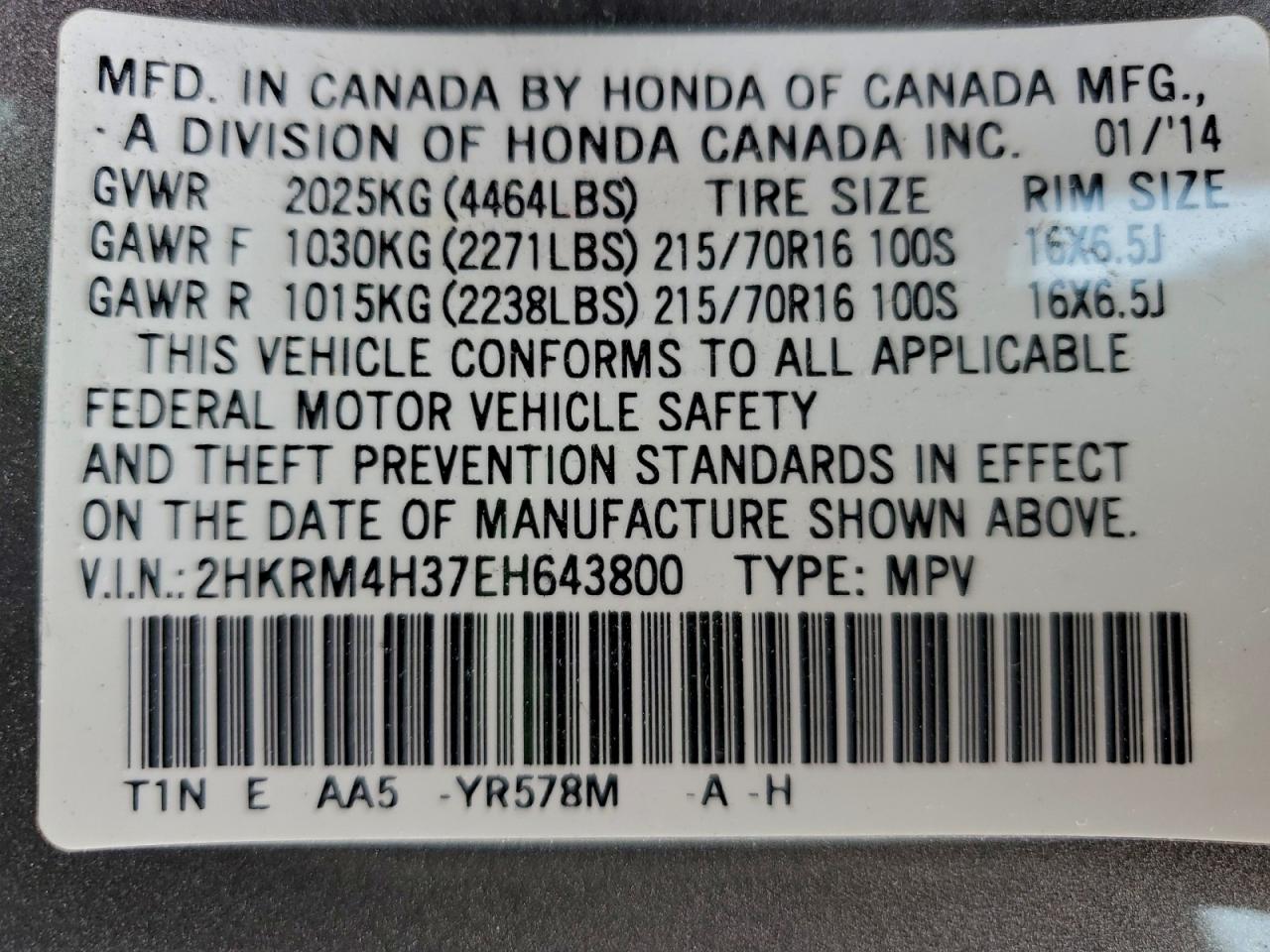 2014 Honda Cr-V Lx VIN: 2HKRM4H37EH643800 Lot: 92757615