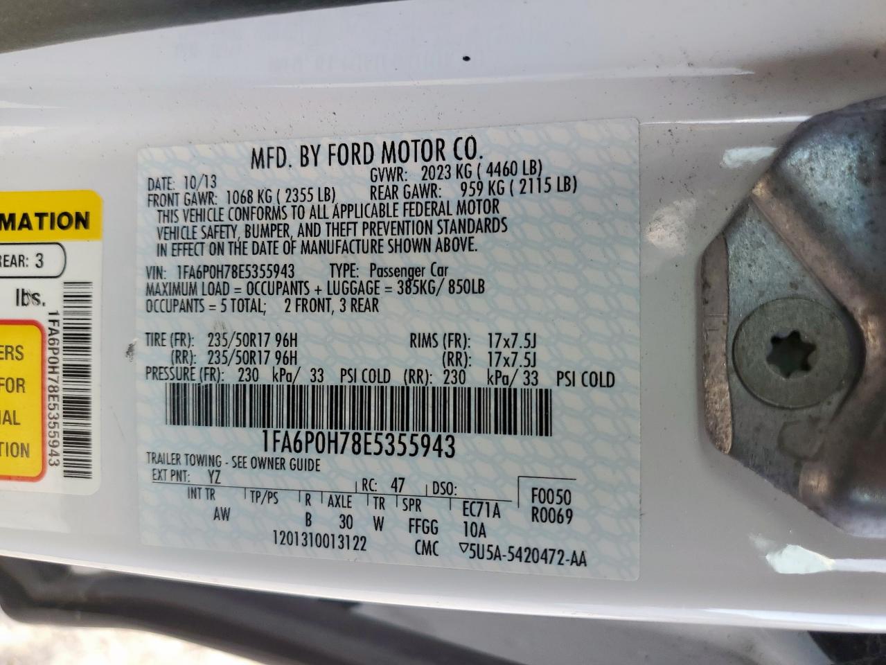 2014 Ford Fusion Se VIN: 1FA6P0H78E5355943 Lot: 91862975