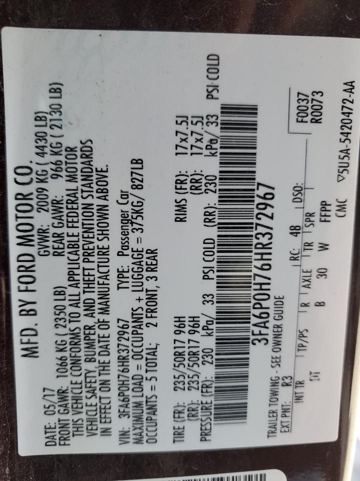 2017 Ford Fusion Se VIN: 3FA6P0H76HR372967 Lot: 91818065