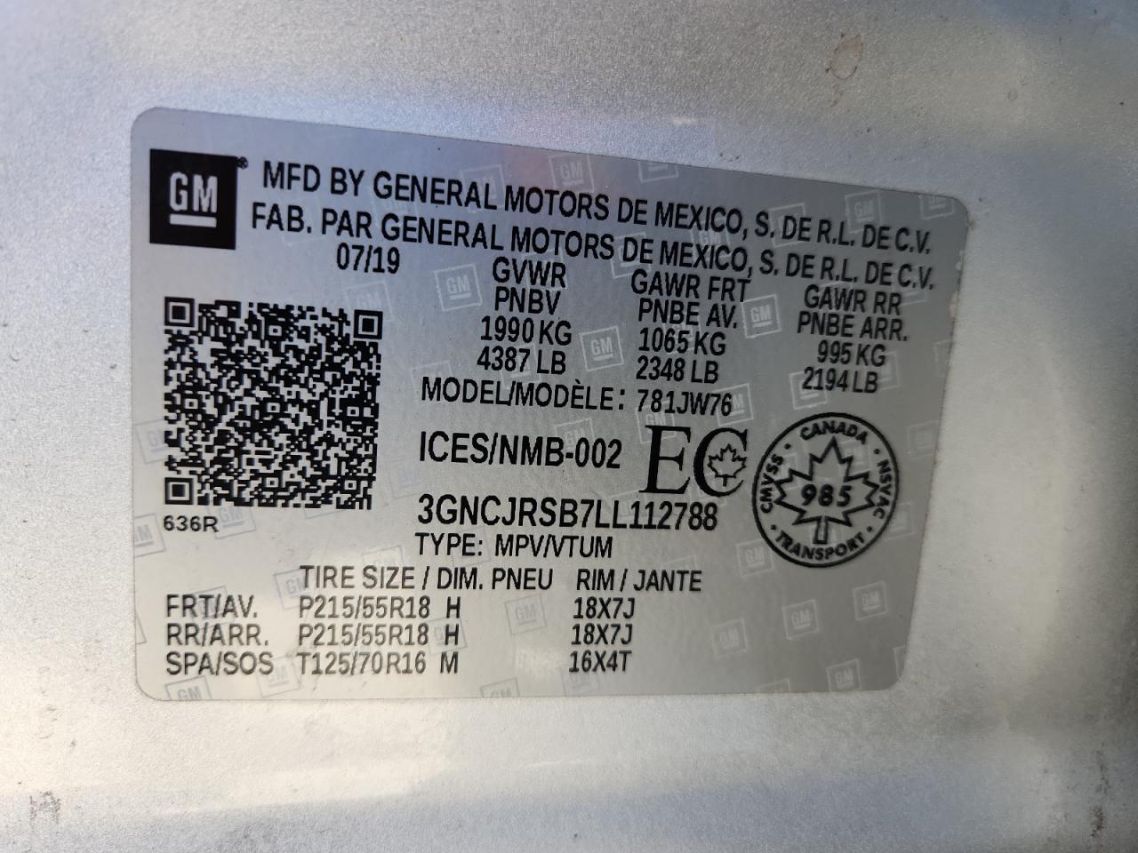 2020 Chevrolet Trax Premier VIN: 3GNCJRSB7LL112788 Lot: 93102705