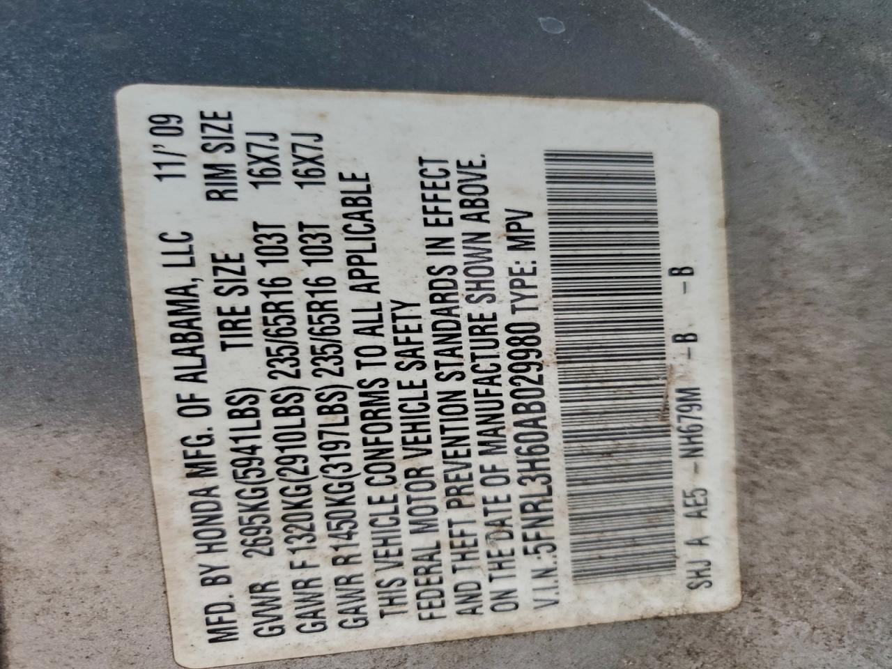 2010 Honda Odyssey Exl VIN: 5FNRL3H60AB029980 Lot: 93357365