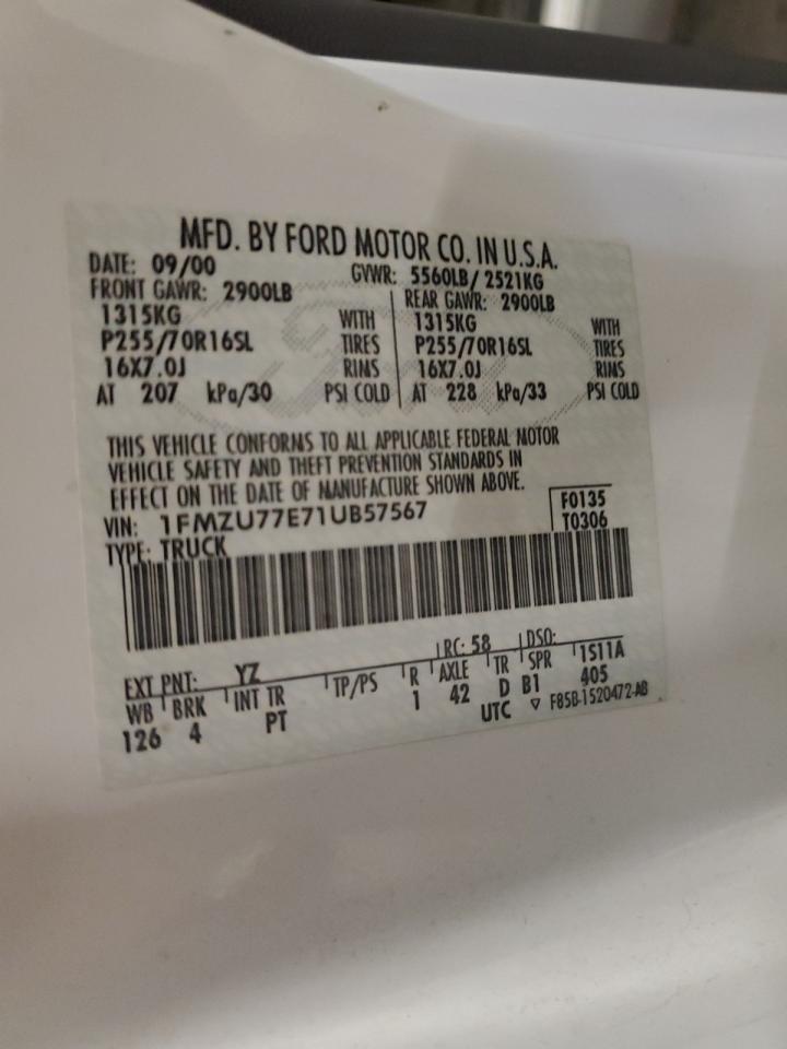 2001 Ford Explorer Sport Trac VIN: 1FMZU77E71UB57567 Lot: 91777505