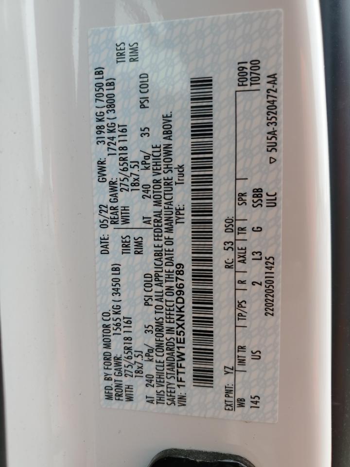 2022 Ford F150 Supercrew VIN: 1FTFW1E5XNKD96789 Lot: 92221405