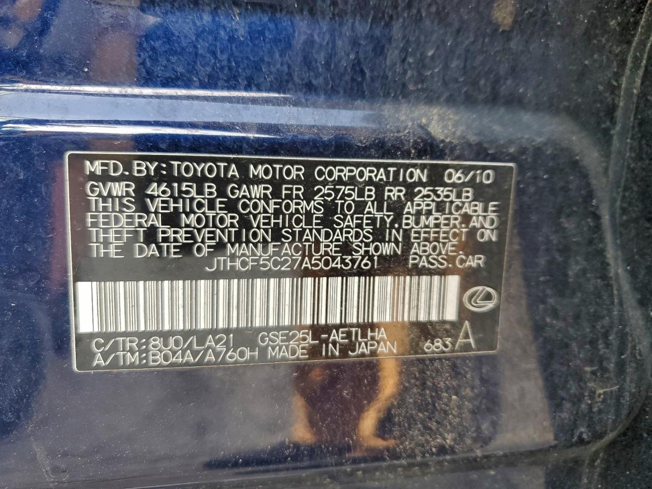 2010 Lexus Is 250 VIN: JTHCF5C27A5043761 Lot: 94585945