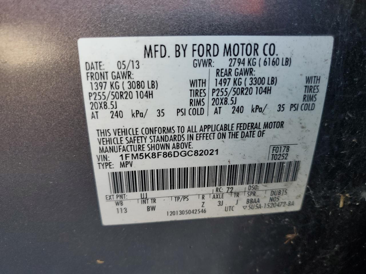 2013 Ford Explorer Limited VIN: 1FM5K8F86DGC82021 Lot: 93107935