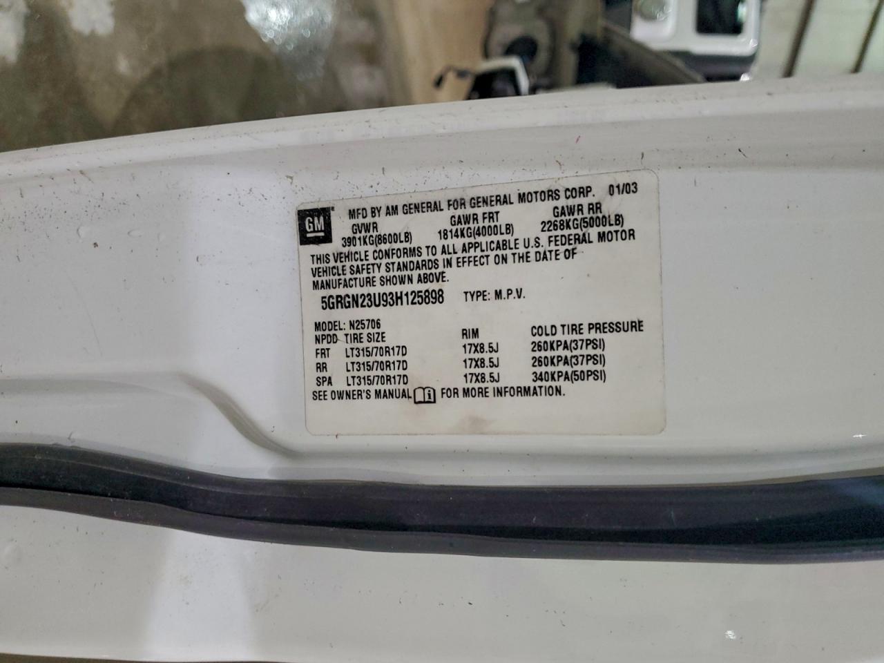 2003 Hummer H2 VIN: 5GRGN23U93H125898 Lot: 92575285