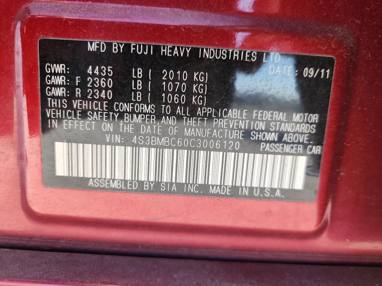 2012 Subaru Legacy 2.5I Premium VIN: 4S3BMBC60C3006120 Lot: 93189035