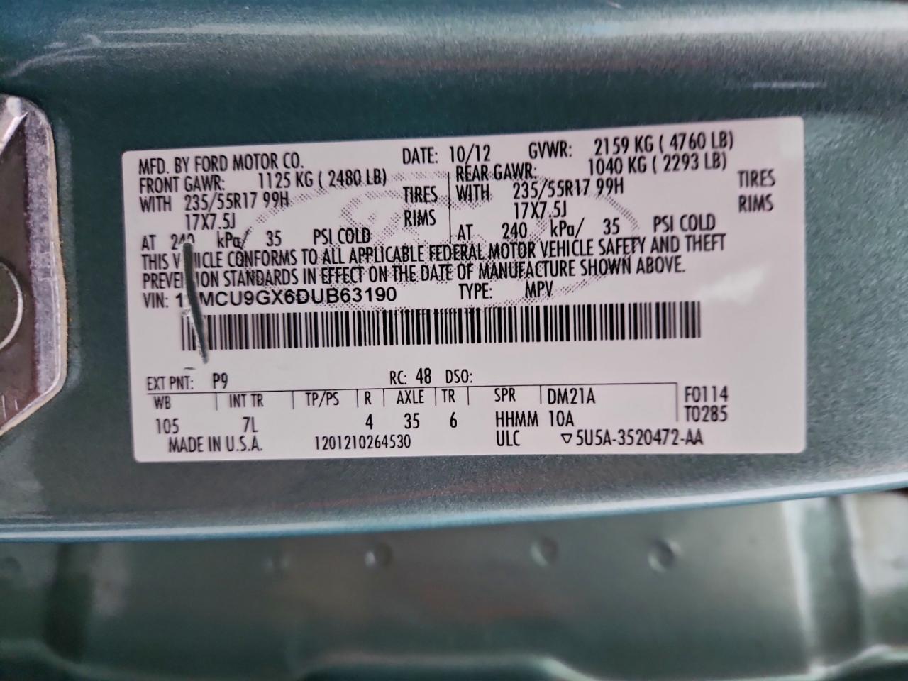 2013 Ford Escape Se VIN: 1FMCU9GX6DUB63190 Lot: 93043465