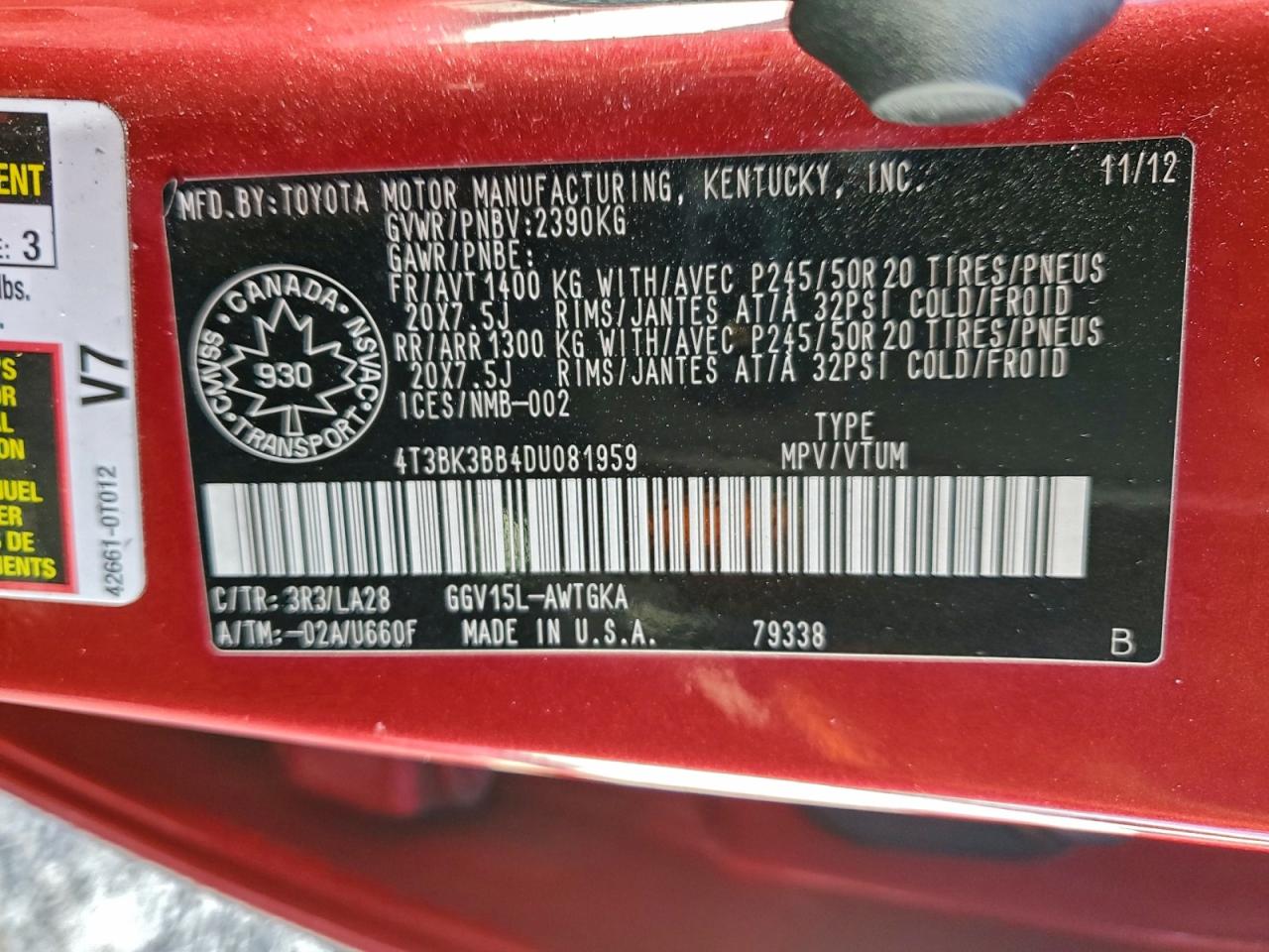 2013 Toyota Venza Le VIN: 4T3BK3BB4DU081959 Lot: 94504645