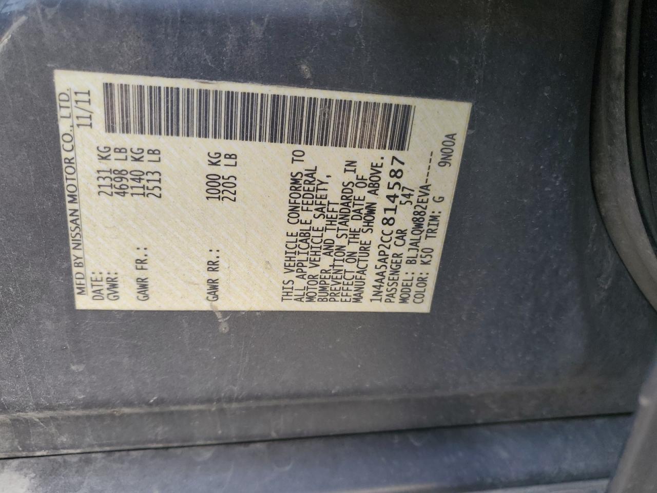 2012 Nissan Maxima S VIN: 1N4AA5AP2CC814587 Lot: 91731985