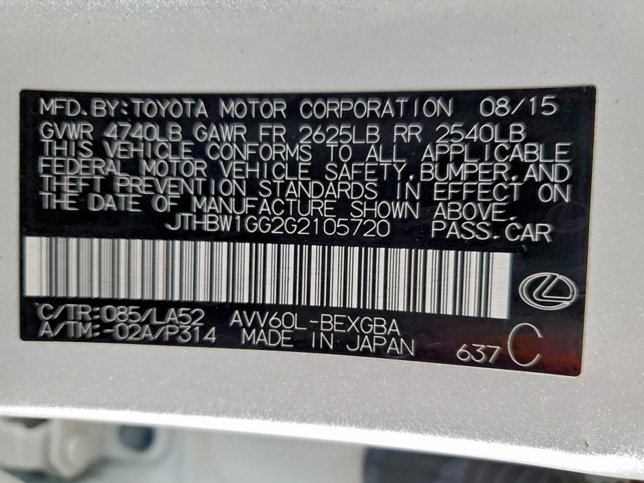 2016 Lexus Es 300H VIN: JTHBW1GG2G2105720 Lot: 92766785