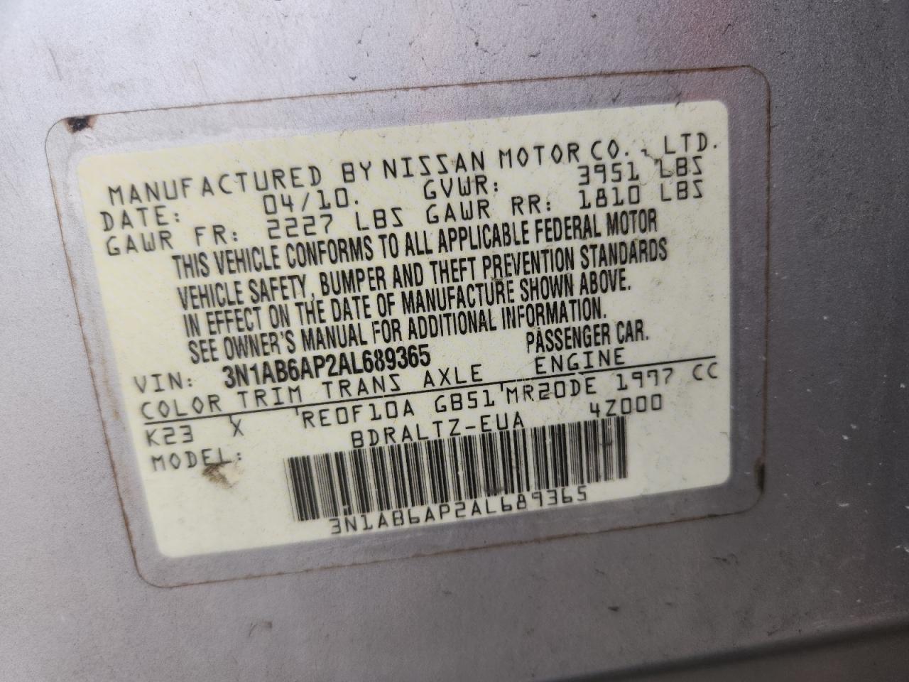 2010 Nissan Sentra 2.0 VIN: 3N1AB6AP2AL689365 Lot: 93281435