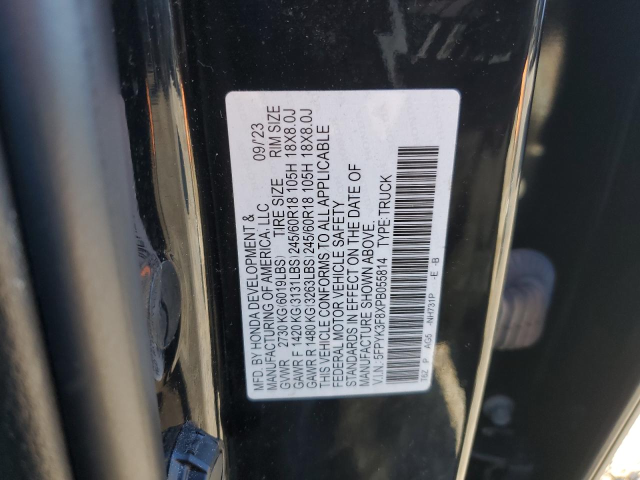 2023 Honda Ridgeline Black Edition VIN: 5FPYK3F8XPB055814 Lot: 91664505