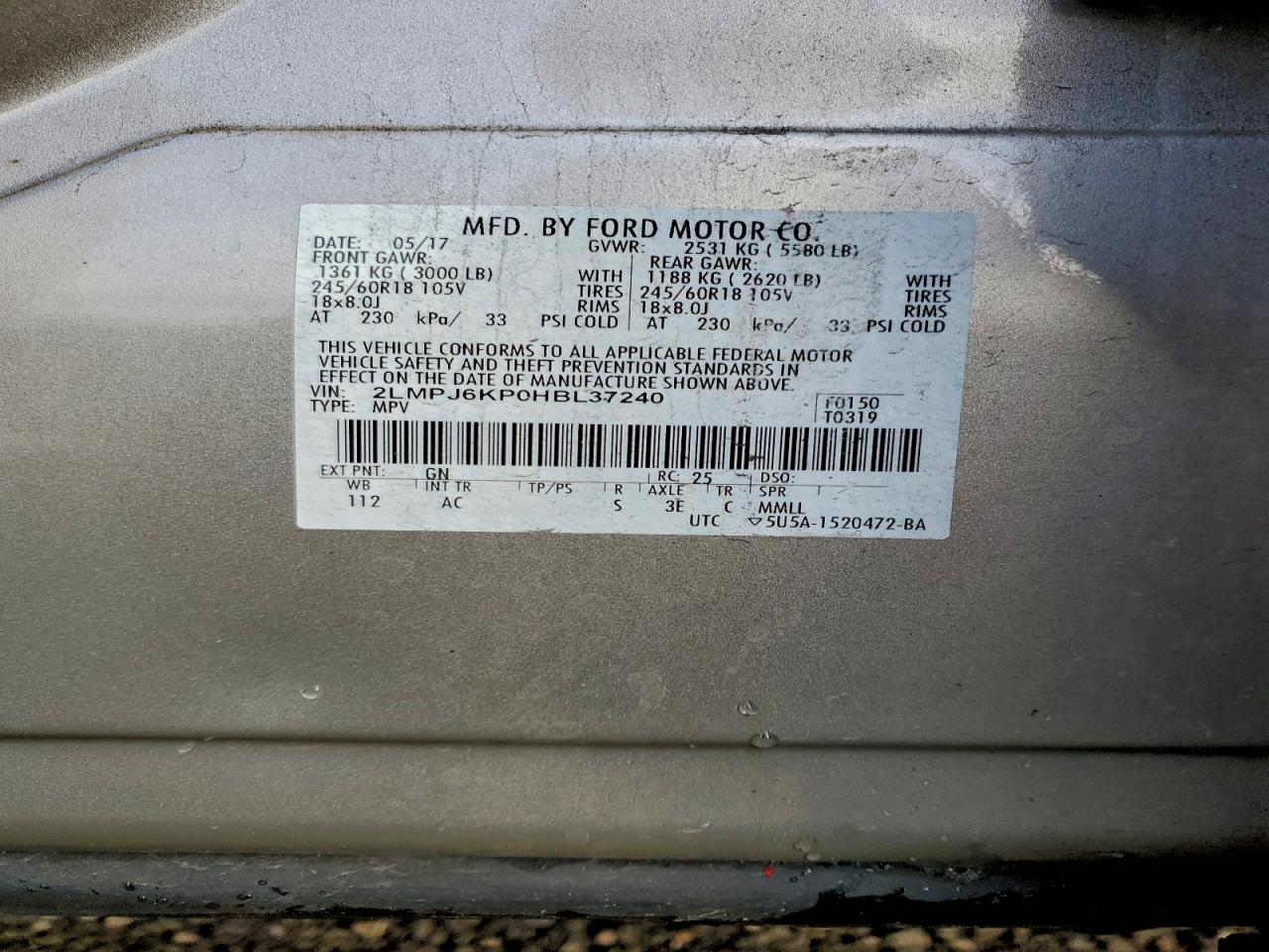 2017 Lincoln Mkx Select VIN: 2LMPJ6KP0HBL37240 Lot: 93457225