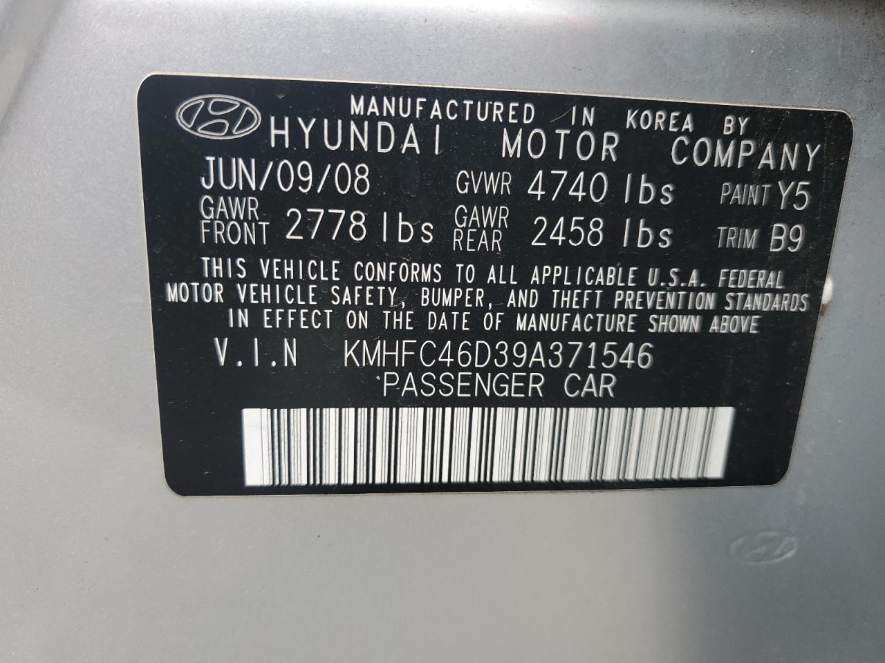 2009 Hyundai Azera Gls VIN: KMHFC46D39A371546 Lot: 92349495