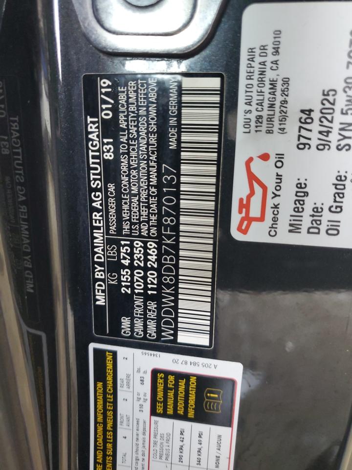 2019 Mercedes-Benz C 300 VIN: WDDWK8DB7KF870137 Lot: 92569055