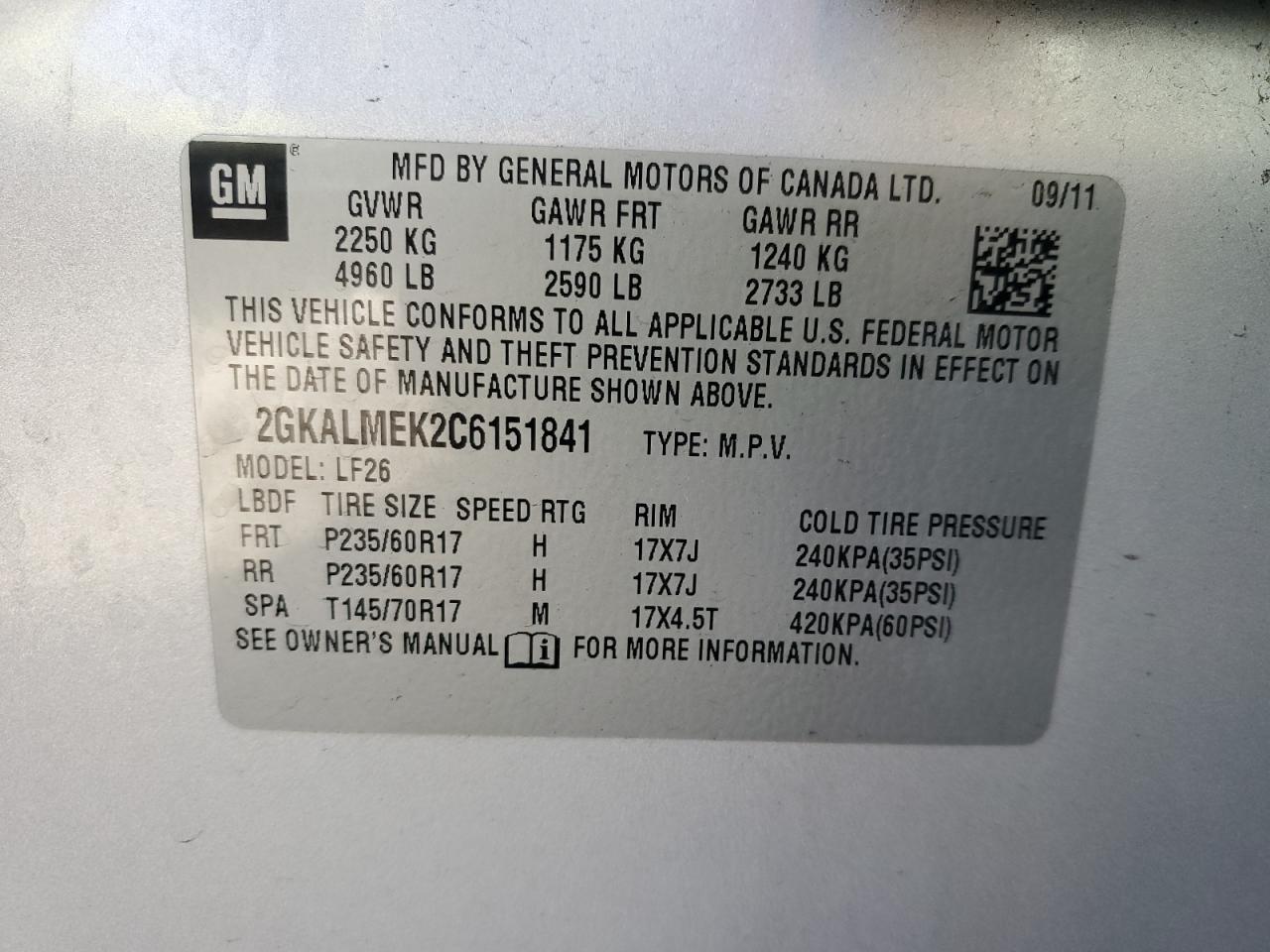 2012 GMC Terrain Sle VIN: 2GKALMEK2C6151841 Lot: 93338565