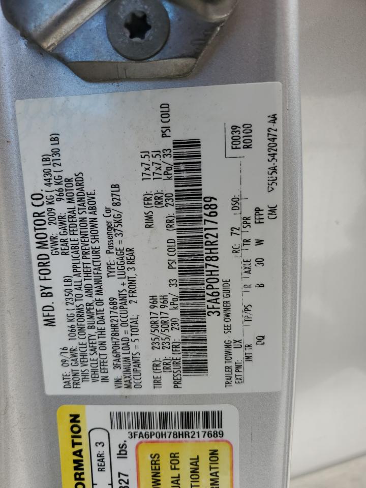 2017 Ford Fusion Se VIN: 3FA6P0H78HR217689 Lot: 93190365