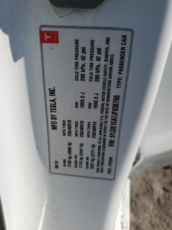 2018 Tesla Model 3 VIN: 5YJ3E1EA7JF038706 Lot: 91689645