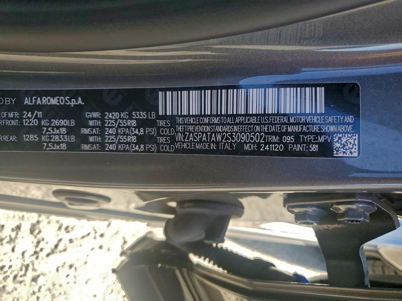 2025 Alfa Romeo Tonale Base VIN: ZASPATAW2S3090502 Lot: 94304835