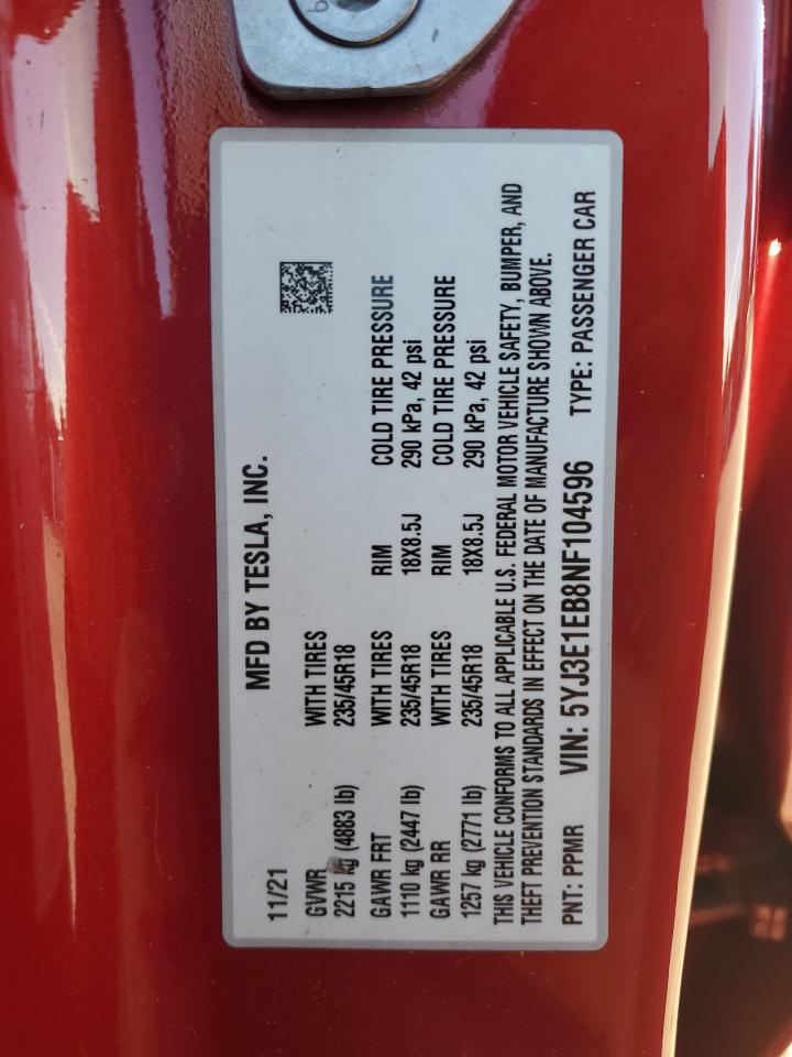 2022 Tesla Model 3 VIN: 5YJ3E1EB8NF104596 Lot: 92027005