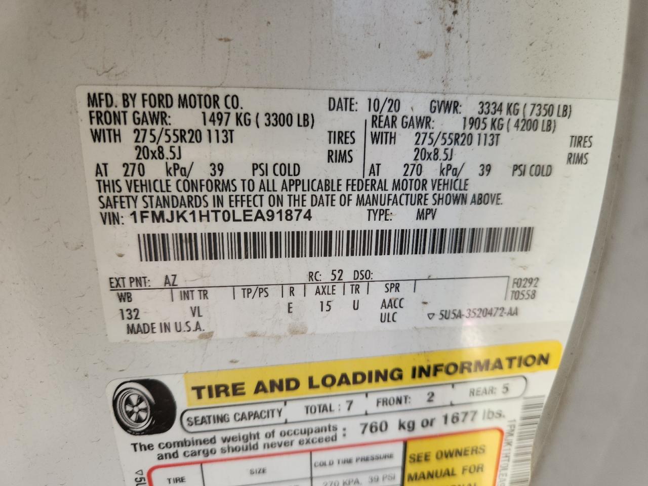 2020 Ford Expedition Max Xlt VIN: 1FMJK1HT0LEA91874 Lot: 91716825